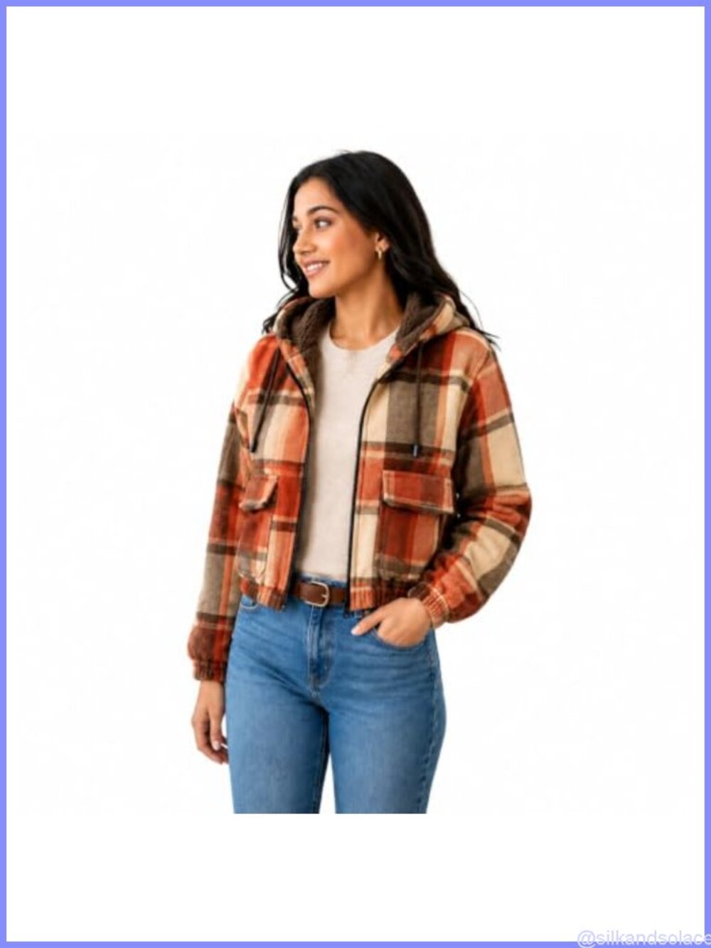 Cropped Plaid Sherpa Lined Hoodie Full Zip Junior Fit
